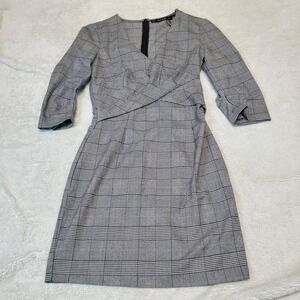 NWT Zara‎ Black White Houndstooth Plaid Office Academia 1/2 Sleeve Midi Dress XS